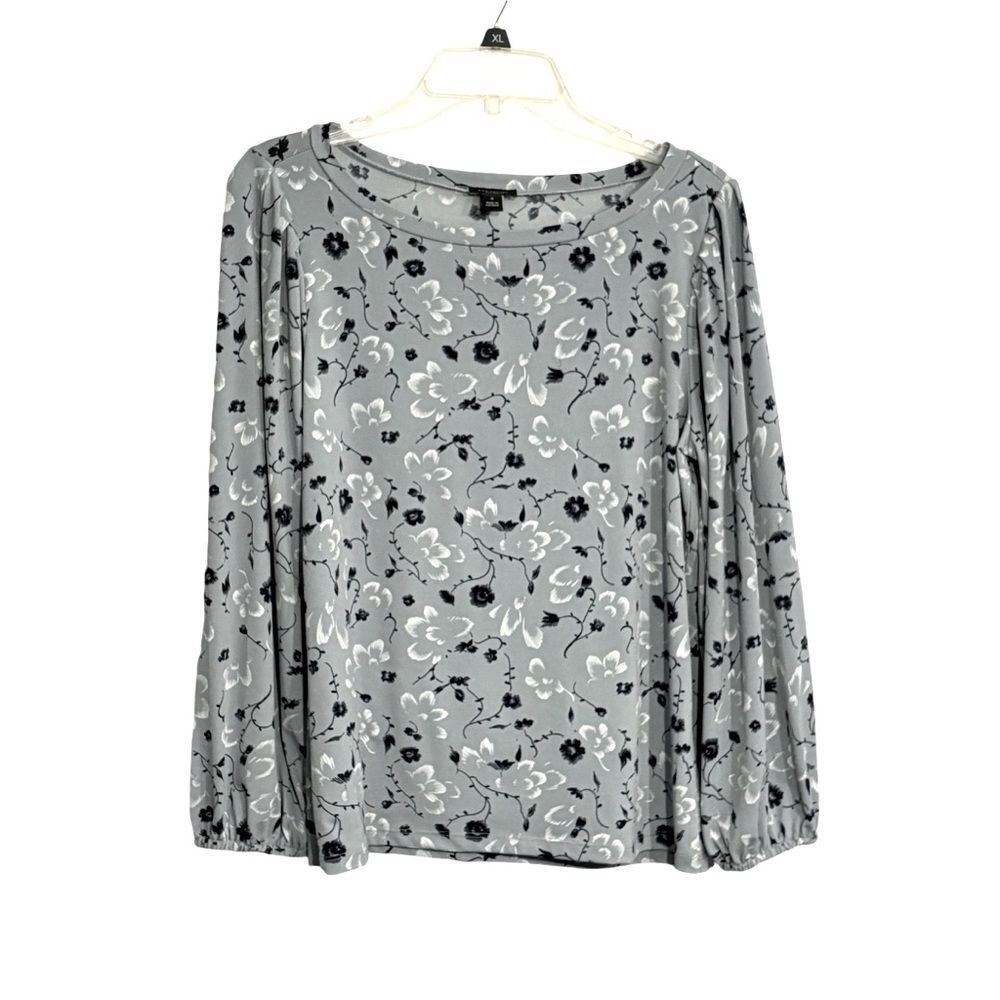 Ann Taylor Factory Women’s Long Sleeve Floral Print Blue Black Blouse Medium